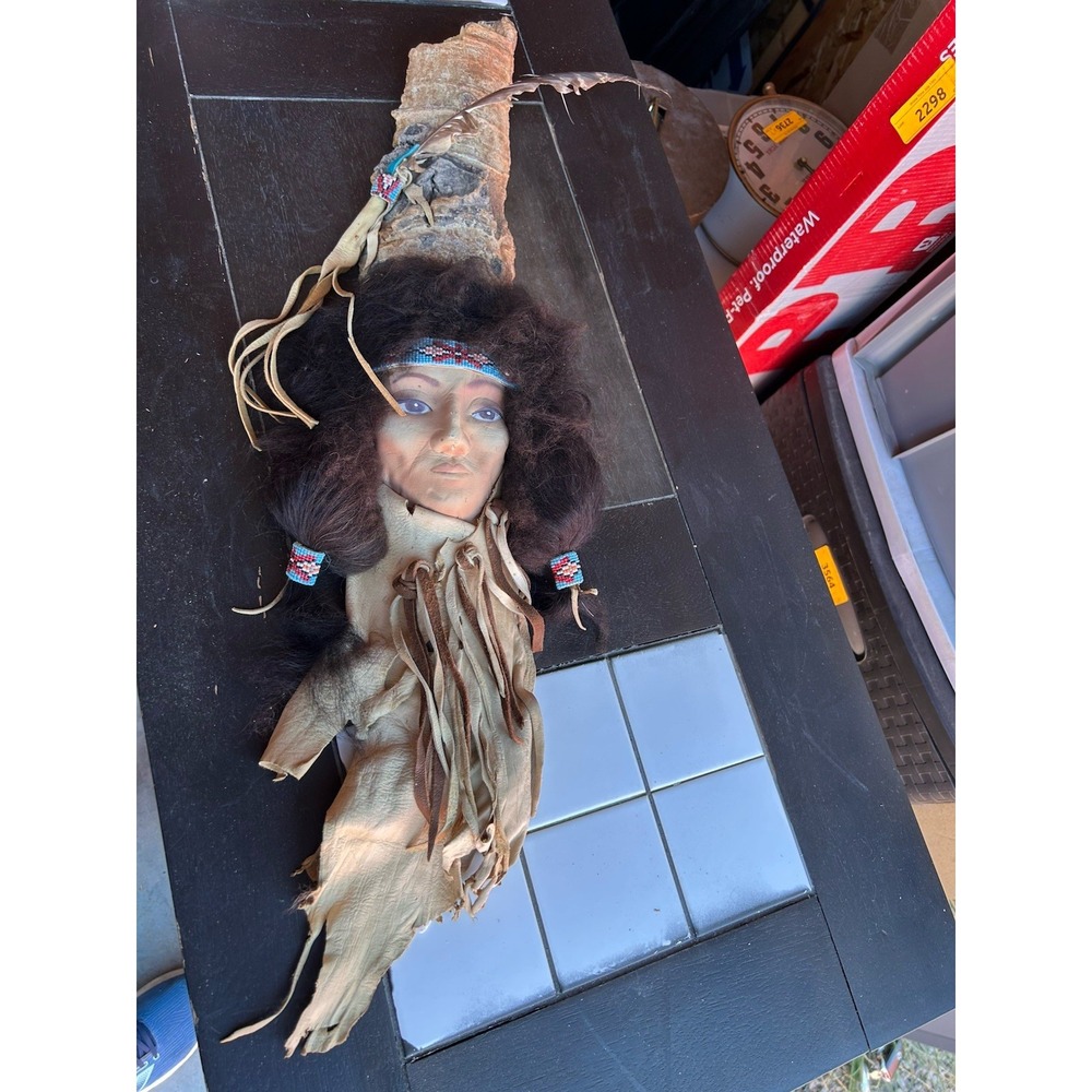Vintage Native American Style Wall Doll Leather Beaded Feather Folk Art 30" - Picture 2 of 6